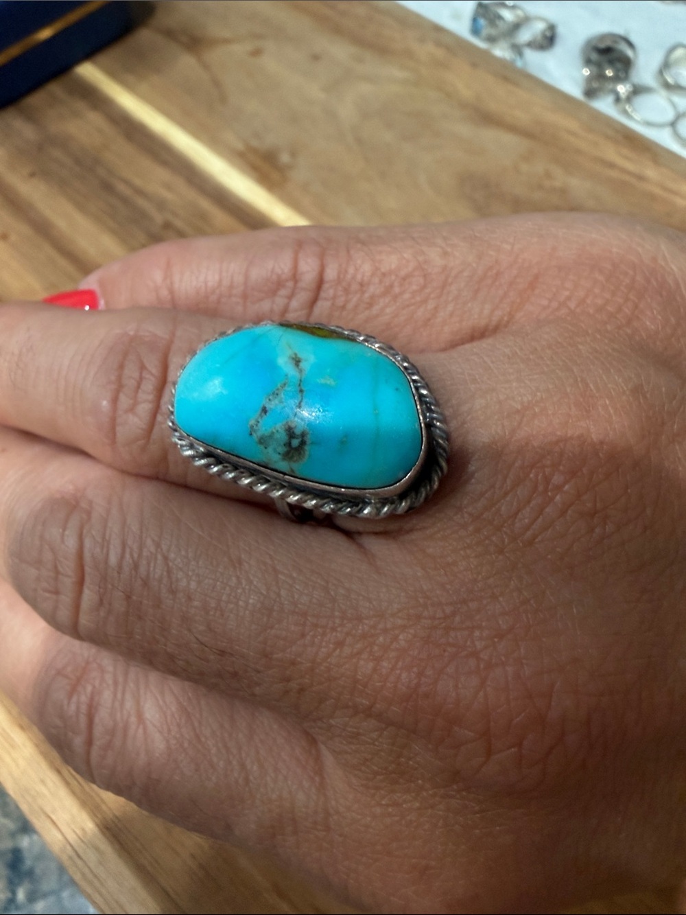 Turquoise Stone Sterling Silver Rope-Edge Statement Ring - Women Jewelry